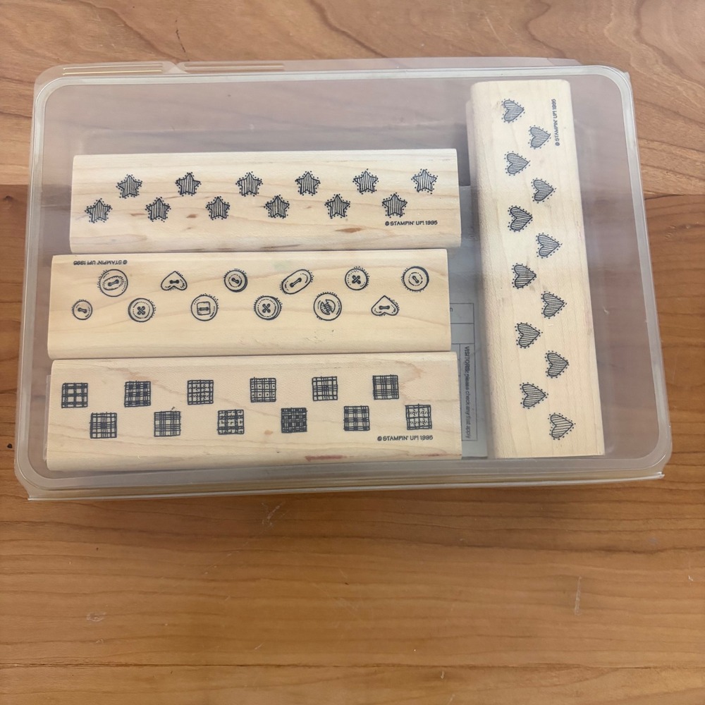 Vintage Stampin Up 1995 Wood Rubber Stamp Set Hearts Stars Buttons Plaid Borders
